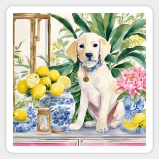 Blonde Labrador puppy and chinoiserie jars Sticker